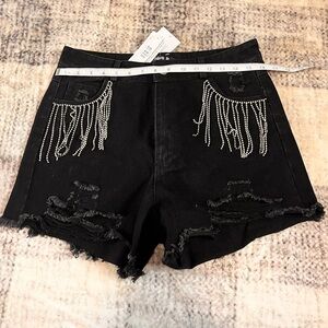 Elegant Black Jean Shorts with Rhinestone Accents